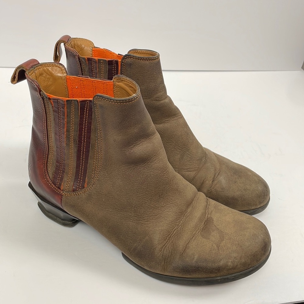 John Fluevog Brown and Red Leather Suede Chelsea Ankle Boots